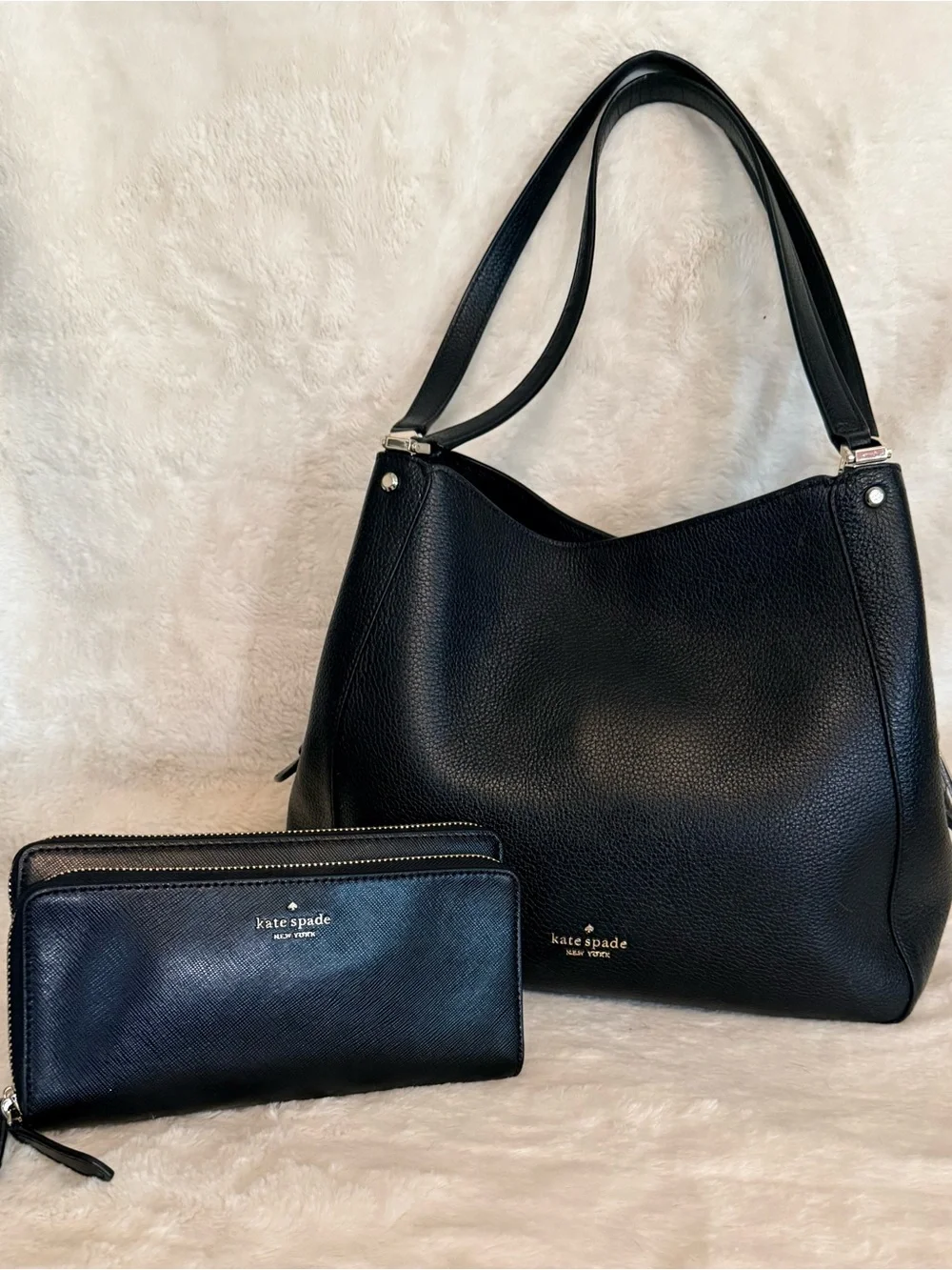 Authentic Kate Spade New York Black Leather Hobo Bag with Zip Wallet